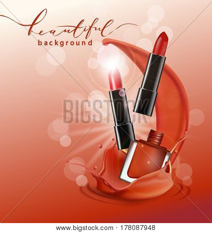 Red lipstick and red nail Polish. 3d illustration. Red lipstick and red nail Polish with liquid foundation texture splashes in the air. Vector illustration