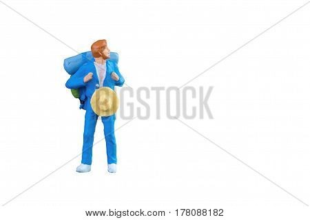 Close up of Miniature backpacker and tourist people isolated with clipping paht on white background.Elegant Design with copy space for placement your text mock up for travel concept