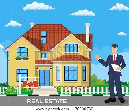 Real estate broker at work. Real estate agent, house building, property home, realtor and rent, sale housing, buy apartment. Vector illustration in flat style