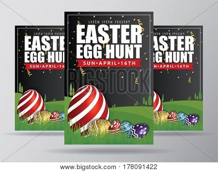 Easter Egg Hunt Flyer Template Design. Easter Egg Background with Big Painting Egg on Grass. Fit for 4x6 inches media. Vector illustration