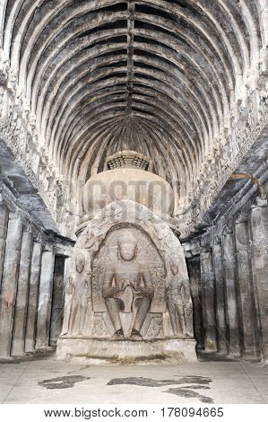 Statue Of Buddha On Ellora Caves Near Aurangabad On India