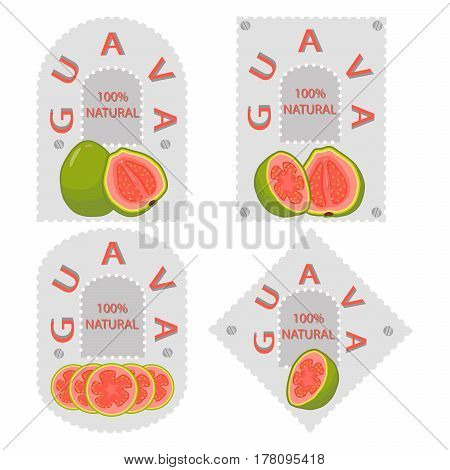 Vector illustration logo for whole ripe fruit red guava cut half sliced amrood background.