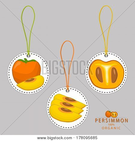 Vector illustration logo for whole ripe yellow fruit persimmon green stem leaf cut half sliced kaki background.