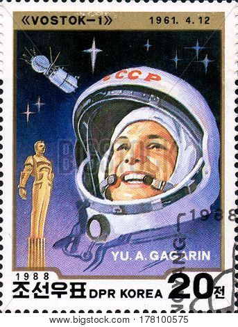 UKRAINE - CIRCA 2017: A stamp printed in DPR KOREA shows first cosmonaut Yu. A. Gagarin circa 1988
