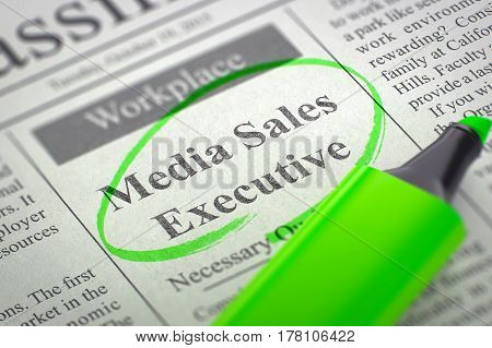 Media Sales Executive. Newspaper with the Small Advertising, Circled with a Green Marker. Blurred Image. Selective focus. Job Search Concept. 3D.