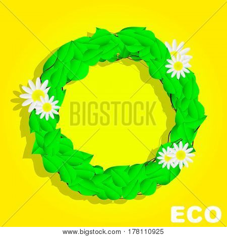 Eco Circle.Banner for web sites summerflowersleaves .Bright chamomiles