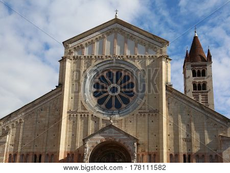 Rose window in the facade of the Basilica of San Zeno in Verona in Northern Italy
