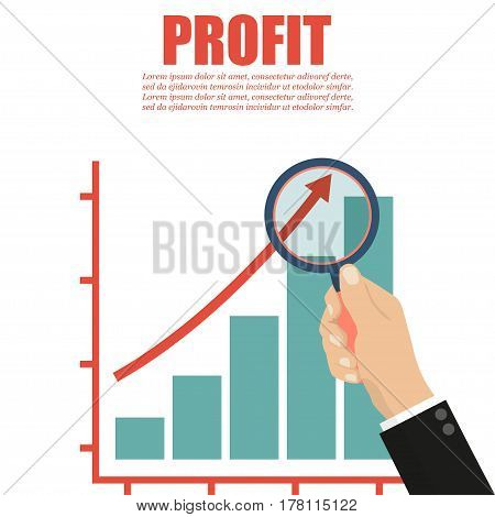 Hand with a magnifying glass. Profit concept for business project