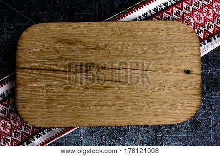 Rural kitchen board from above - grunge background with free text space. concrete background.  Different stuff. Top view. Copy space.