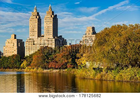 View of Upper West Side buildings and Central Park in Fall. Jacqueline Kennedy Onassis Reservoir Manhattan New York City