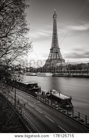 The Eiffel Tower and banks of the Seine River in Black & White. Paris France