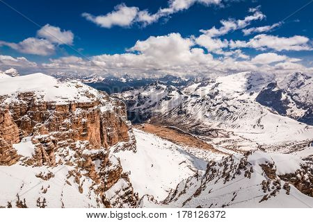 Breathtaking View From Top Of Sass Pordoi, Dolomites, Italy, Europe