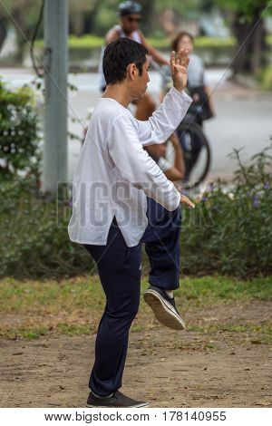 Man Exercising By Tai Chi In A Outdoor Park