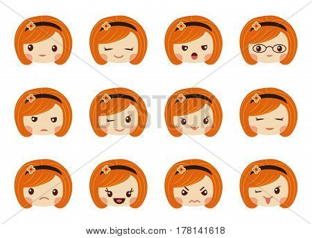Emoji set of young cute girl, positive and negative emoions, different face expressions and moods, avatar collection isolated on white background, vector flat style illustration
