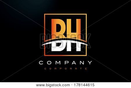 Bh B H Golden Letter Logo Design With Gold Square And Swoosh.