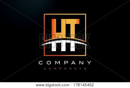 Ht H T Golden Letter Logo Design With Gold Square And Swoosh.