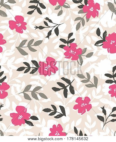 Vector seamless background with wild roses vintage style. Hand drawn fabric design. Stylish grunge floral seamless pattern.