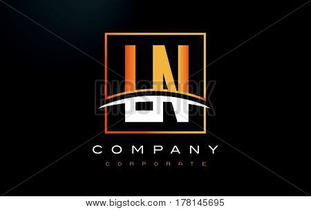 Ln L N Golden Letter Logo Design With Gold Square And Swoosh.