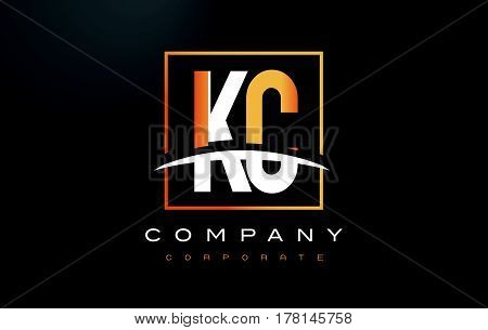 Kf K F Golden Letter Logo Design With Gold Square And Swoosh.