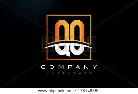 Qo Q O Golden Letter Logo Design With Gold Square And Swoosh.