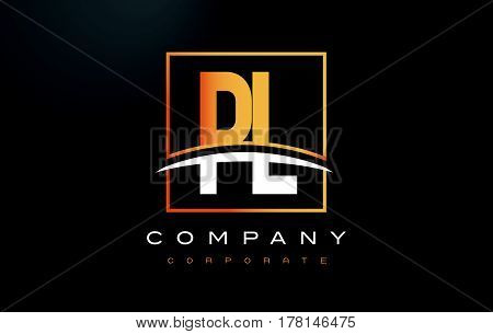 Pl P L Golden Letter Logo Design With Gold Square And Swoosh.