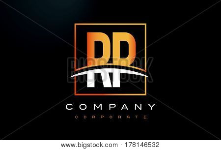 Rp R P Golden Letter Logo Design With Gold Square And Swoosh.