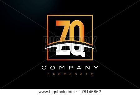 Zq Z Q Golden Letter Logo Design With Gold Square And Swoosh.