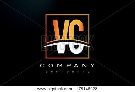 Vc V C Golden Letter Logo Design With Gold Square And Swoosh.