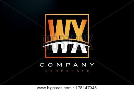 Wx W X Golden Letter Logo Design With Gold Square And Swoosh.