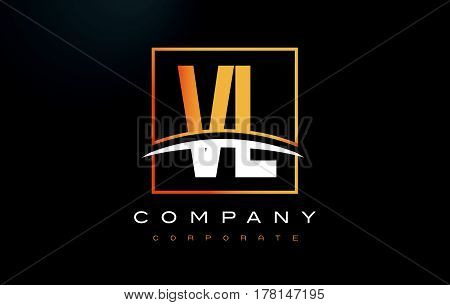 Vl V L Golden Letter Logo Design With Gold Square And Swoosh.