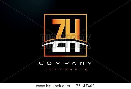 Zh Z H Golden Letter Logo Design With Gold Square And Swoosh.