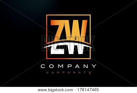 Zw Z W Golden Letter Logo Design With Gold Square And Swoosh.