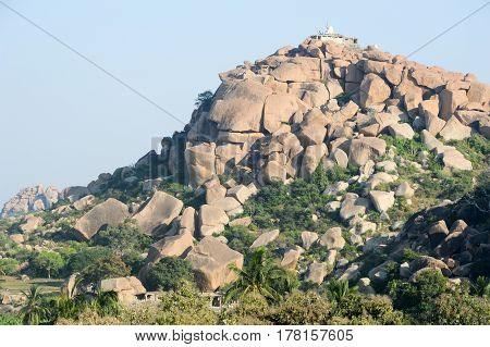 Hampi, India - 13 January 2015: Temples on Matanga Hill at Hampi on India