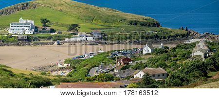 Bigbury-on-Sea and Burgh Island. One can see the sandy bottom of the Strait during low tide. Devon. England
