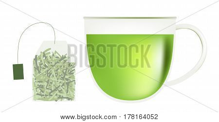 green tea leaf and cup vector on white background