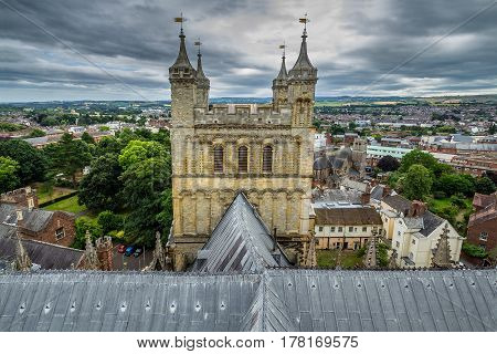 A view of the south tower of the cathedral from the roof. The center of Exeter. Devonshire. England