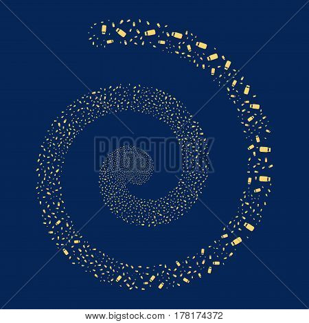 Bottle fireworks burst spiral. Vector illustration style is flat yellow scattered symbols. Object vortex constructed from random design elements.