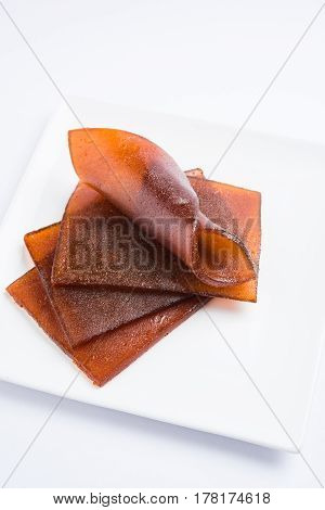 indian alphonso mango's dried jelly called mango papad or mango poli or slab or cake, traditional maharashtrian recipe