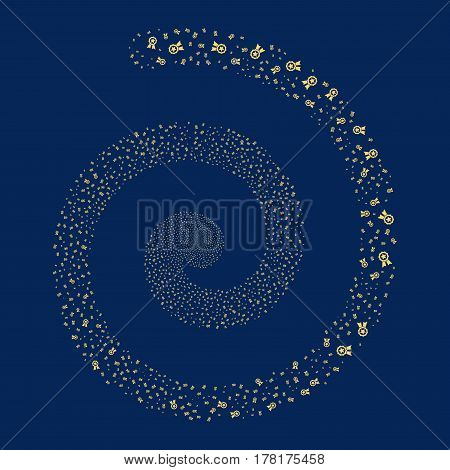 Certificate Seal fireworks whirl spiral. Vector illustration style is flat yellow scattered symbols. Object vortex combined from scattered icons.