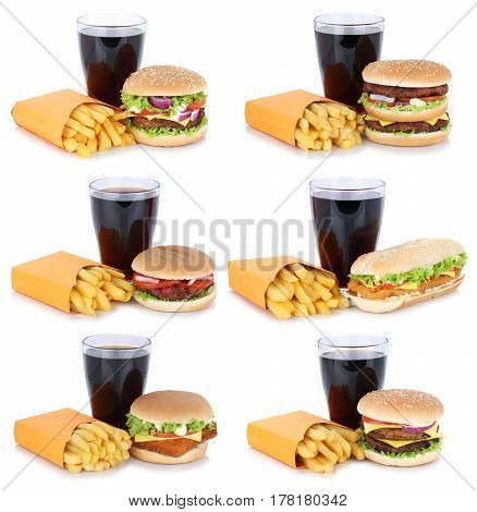Hamburger Collection Set Cheeseburger And French Fries Menu Meal Combo Cola Drink Fast Food Isolated