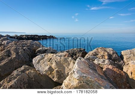 Rocky coast on sunny spring morning in Mallorca Balearic islands Spain