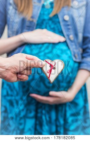 Pregnant belly. Man's hand holding gingerbread heart with red bright ribbon