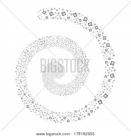 Alarm Clock fireworks vortex spiral. Vector illustration style is flat black scattered symbols. Object helix created from random design elements.