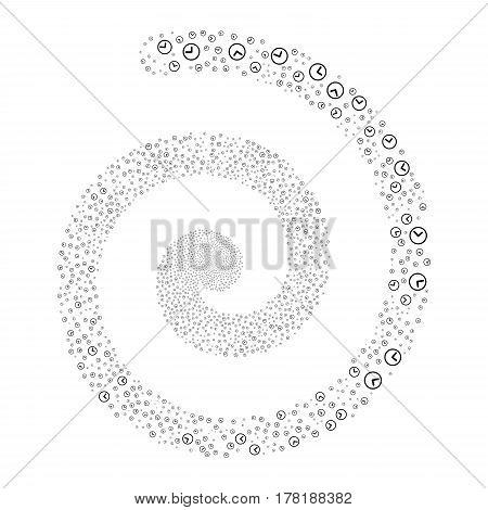 Clock fireworks swirl spiral. Vector illustration style is flat black scattered symbols. Object swirling organized from scattered pictograms.