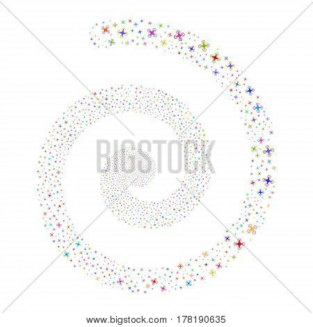 Air Drone fireworks swirling spiral. Vector illustration style is flat bright multicolored scattered symbols. Object vortex made from scattered design elements.