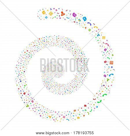 Call Center Symbols fireworks vortex spiral. Vector illustration style is flat bright multicolored scattered symbols. Object swirling made from scattered icons.