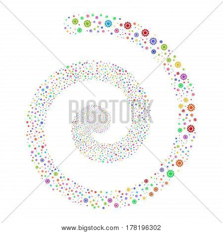 Cog fireworks swirl spiral. Vector illustration style is flat bright multicolored scattered symbols. Object swirling constructed from scattered icons.