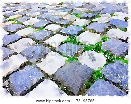 Digital watercolor painting of a black/blue and white checkered cobblestone ground with green weeds growing in between. With space for text.