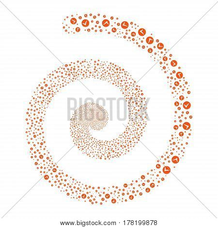 Apply fireworks swirling spiral. Vector illustration style is flat orange scattered symbols. Object whirl made from random symbols.