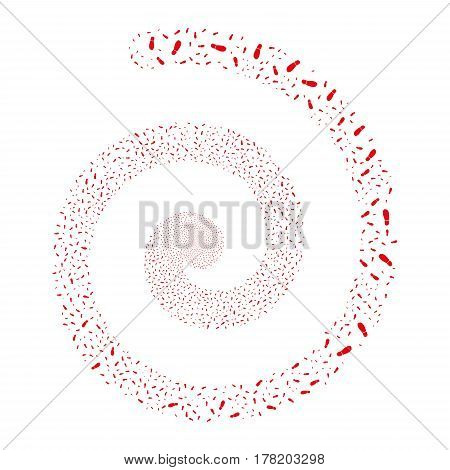 Boot Footprint fireworks whirl spiral. Vector illustration style is flat red scattered symbols. Object swirling combined from scattered symbols.